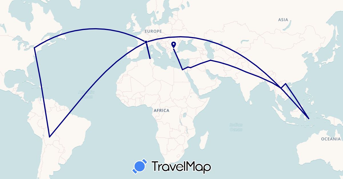 TravelMap itinerary: driving in Bulgaria, Bolivia, Algeria, Egypt, France, Indonesia, India, Iran, Myanmar (Burma), Saudi Arabia, Thailand, United States, Vietnam (Africa, Asia, Europe, North America, South America)